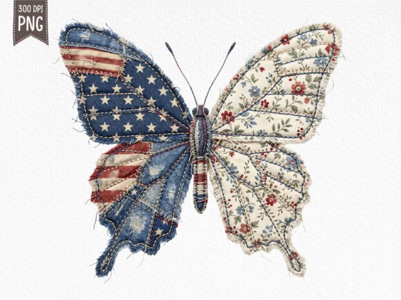 Patchwork Patriotic Butterfly PNG Gráfico Generado por IA Por SR Design