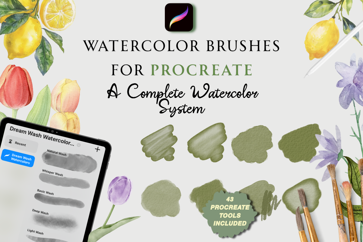 Procreate Realistic Watercolor Brushes natural pigment flow blending paper texture