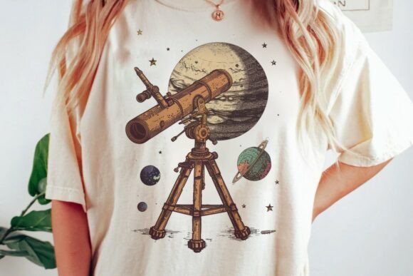 Telescope and Planets Vintage Space Png