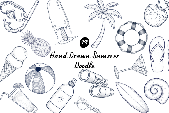 19 Hand Drawn Summer Beach Doodles Gráfico Ilustraciones Imprimibles Por CraftsyCraftersStudio
