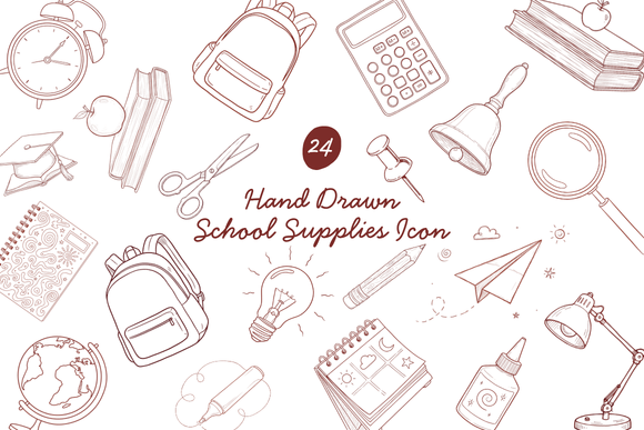 24 Hand Drawn School Supplies Icons