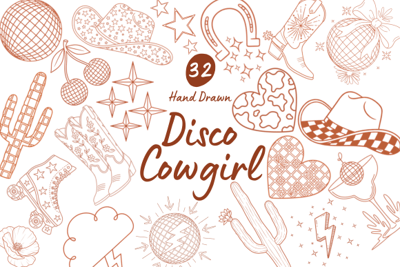32 Disco Cowgirl Hand Drawn Graphics