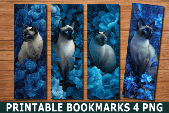 Blue Floral Siamese Cat Art Bookmark