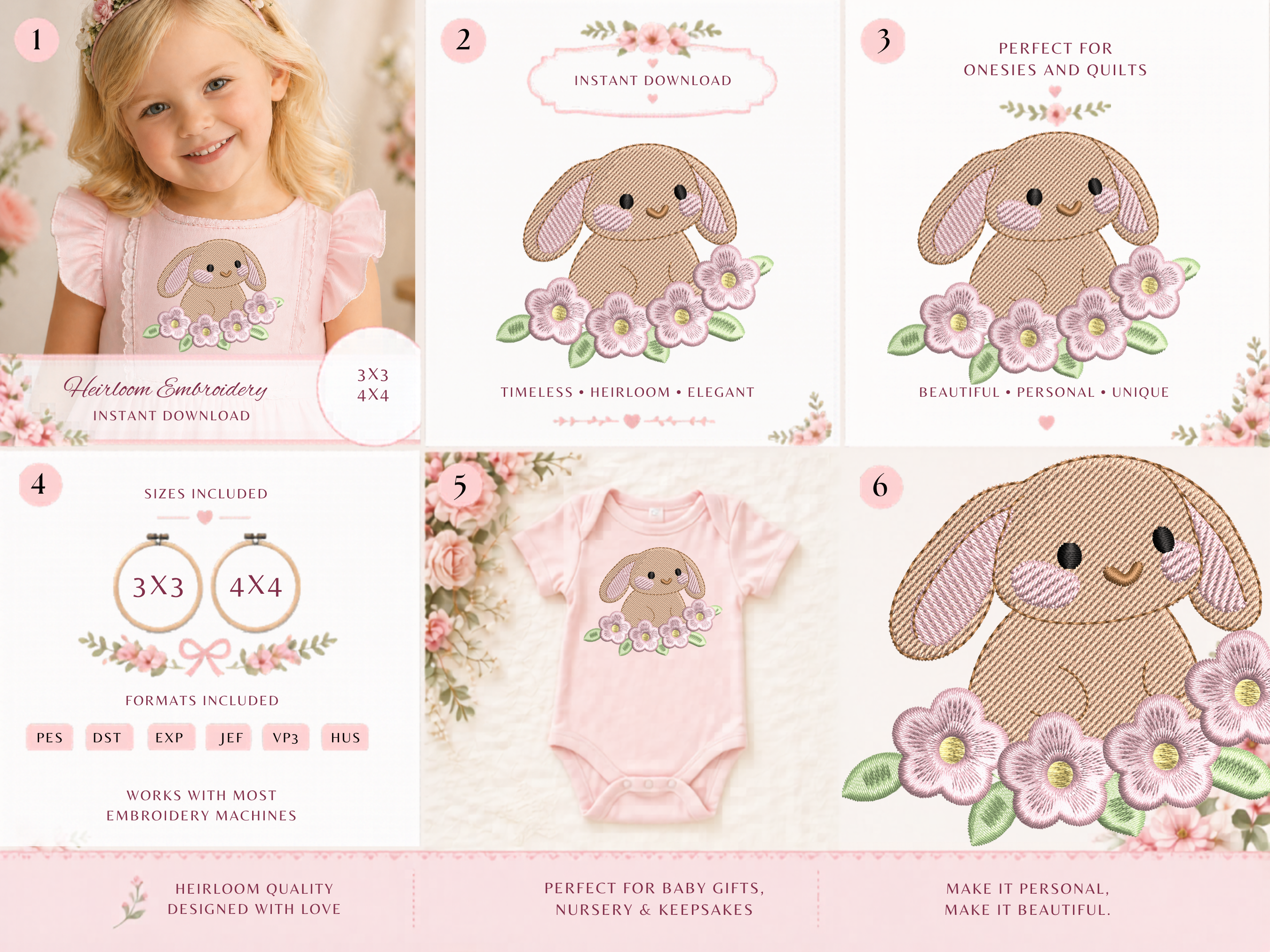 Cute Bunny Floral Embroidery Design