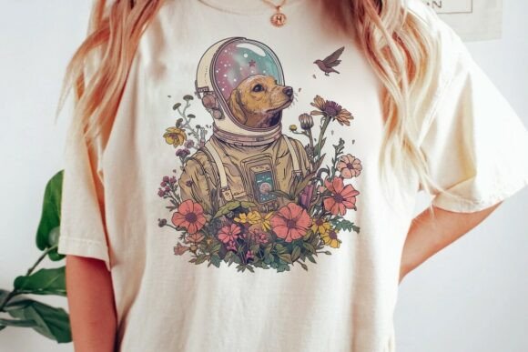 Dog Astronaut with Flowers Space Art Png