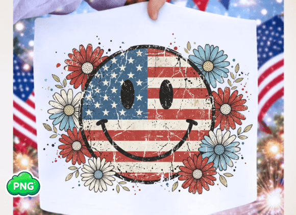 Floral 4th of July Smiley Face Png,USA Gráfico Diseños de Camisetas Por Nurjahan