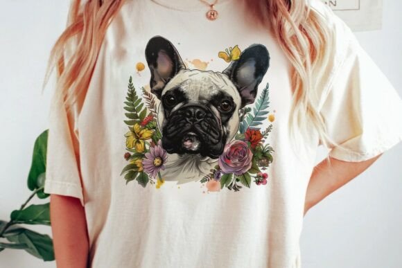French Bulldog floral butterfly art PNG in lilac watercolor for sublimation tumblers