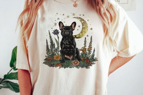 French Bulldog night garden moon and stars PNG with deep blue coat for sublimation