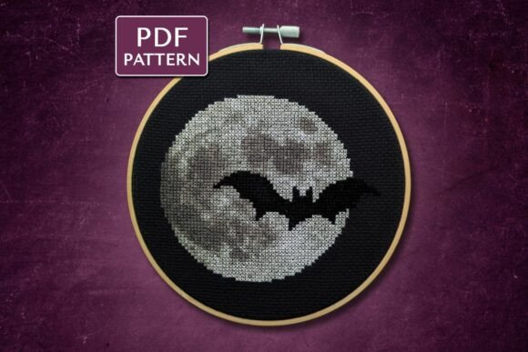Moon and Bat Cross Stitch Pattern