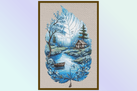 Blue Leaf Cottage Scene Cross Stitch