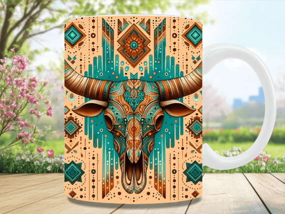 Boho Western Tribal Bull Skull Mug Wrap Graphics