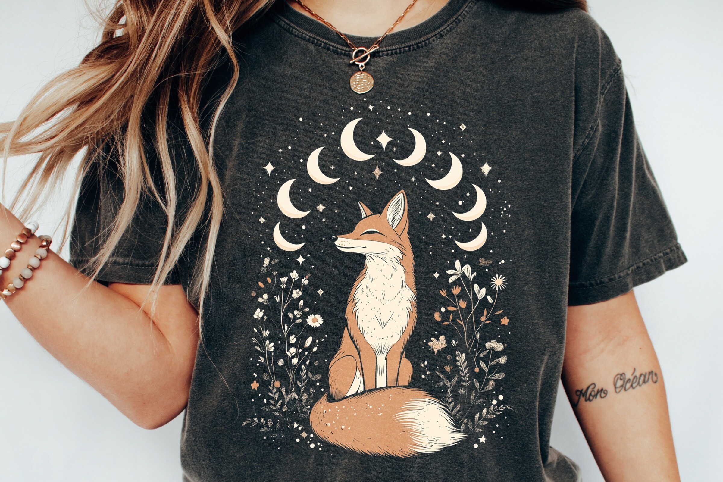 Celestial Fox Moon Phases Floral Des Png
