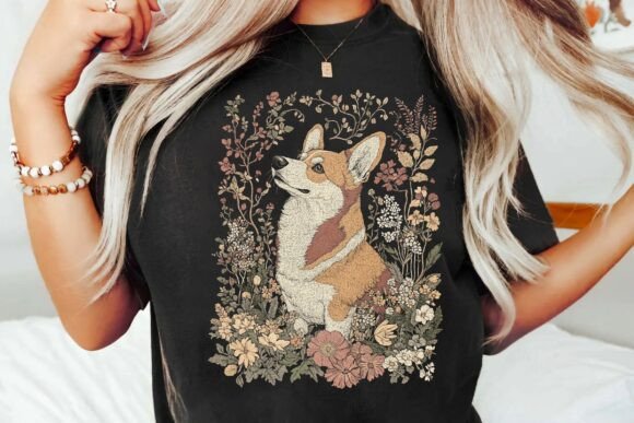 Corgi dog floral arrangement vintage PNG sublimation design for shirt tumbler and mug