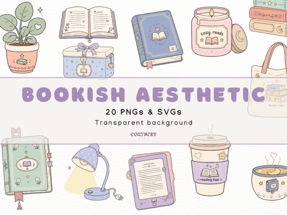 Cozy Bookish Cliparts, Reading Aesthetic