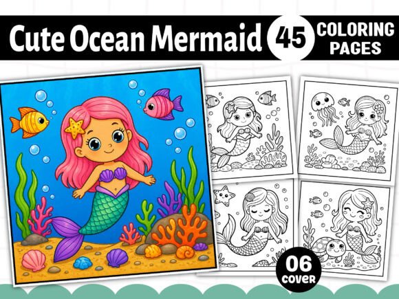 Preview of Cute Ocean Mermaid Coloring Book - Kids coloring pages for kids