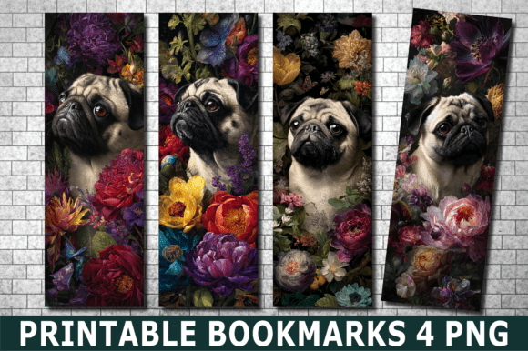 Moody Dark Floral Pug Dog PNG Bookmark