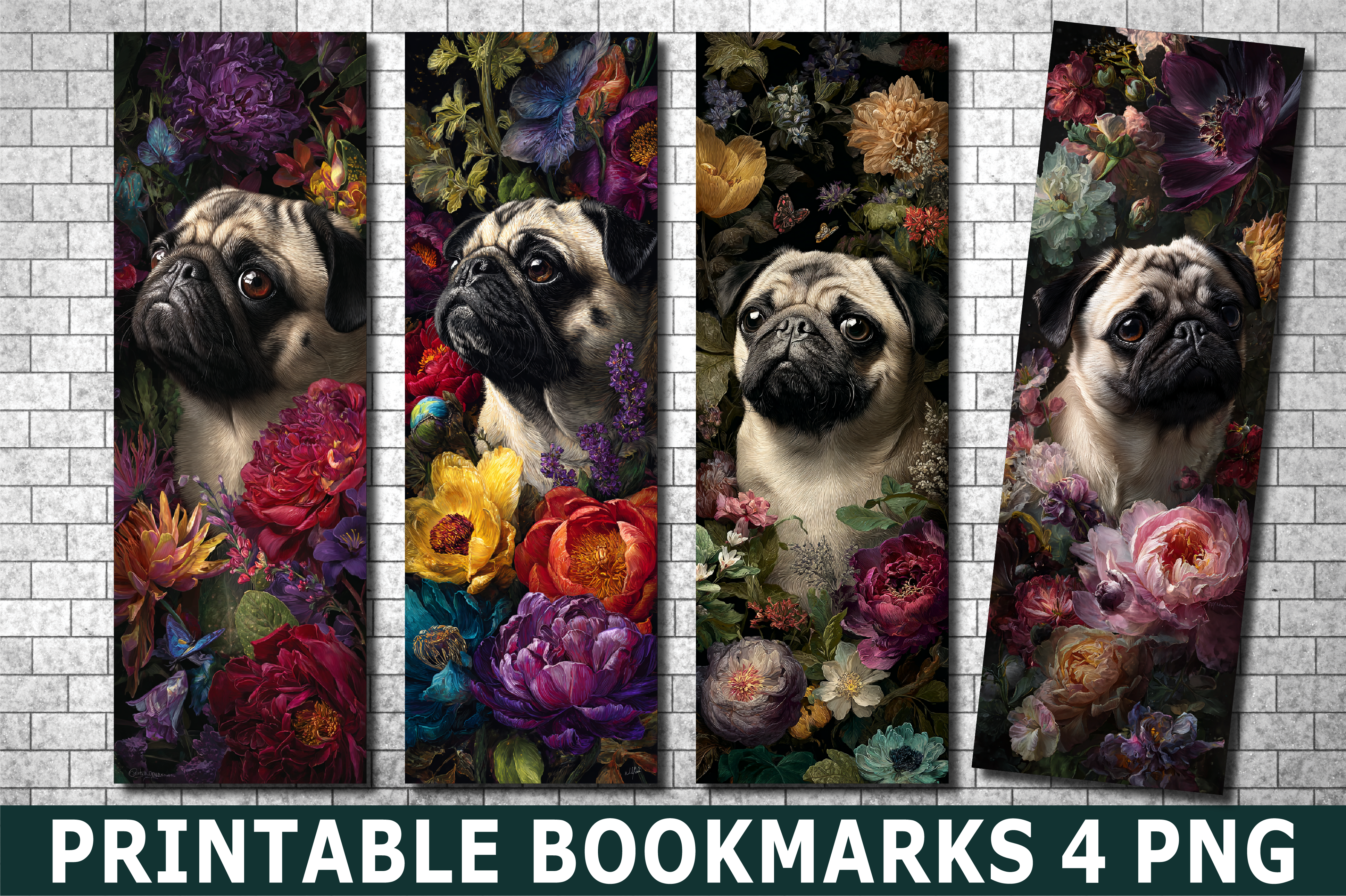 Moody Dark Floral Pug Dog PNG Bookmark