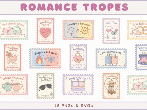 Romance Tropes Stamp Cliparts, Bookish