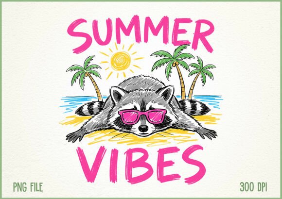 Summer Vibes Raccoon Beach Vacation PNG Grafik Druckbare Illustrationen Von SoftInk Studio