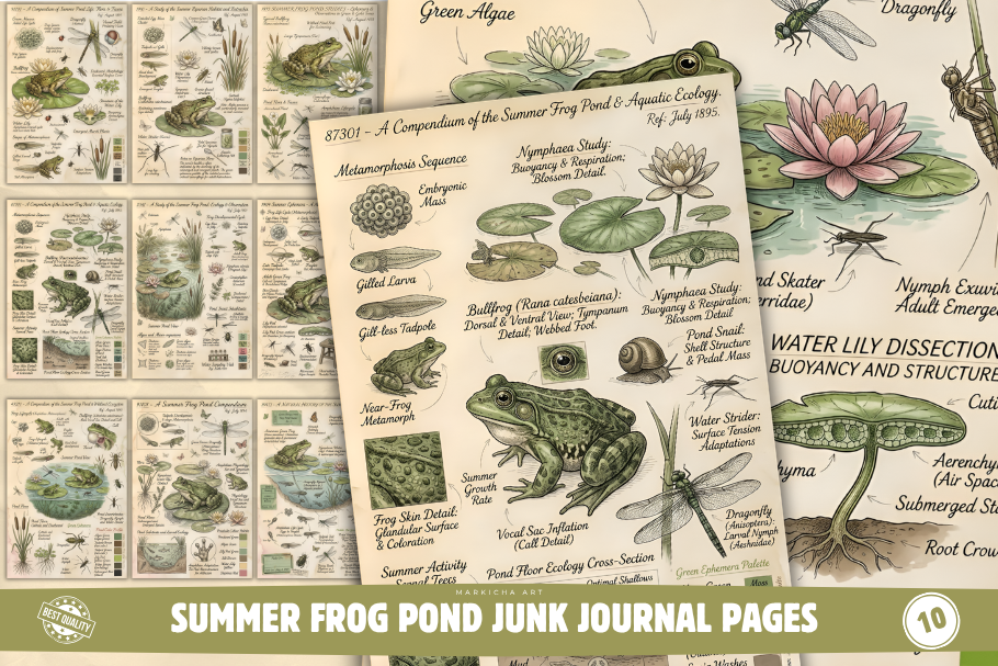 Summer Frog Pond Junk Journal Pages Graphic by Markicha Art · Creative ...
