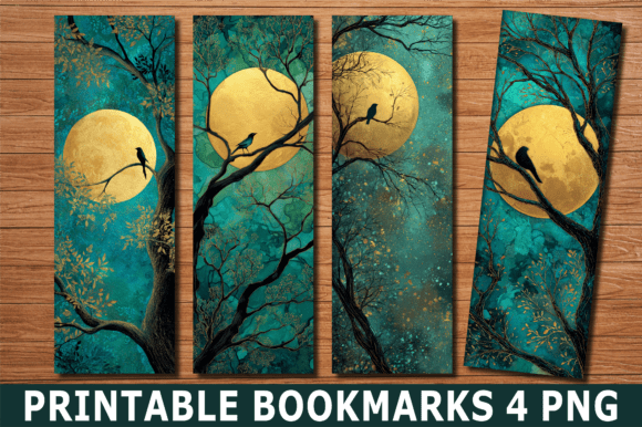 Teal Gold Bird Moon Silhouette Bookmark