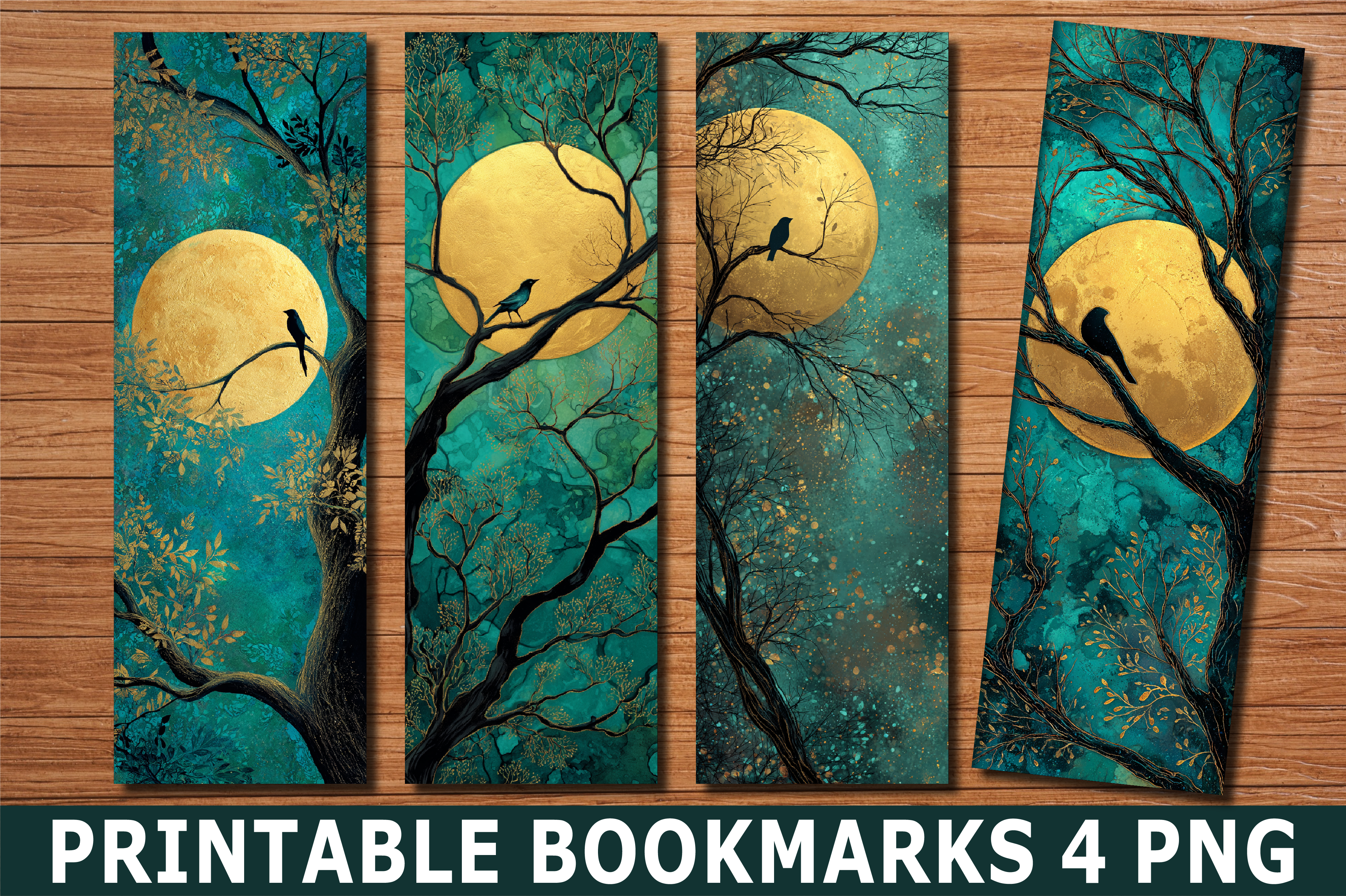 Teal Gold Bird Moon Silhouette Bookmark