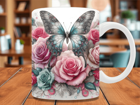 Vintage Rose Silver Butterfly Mug Wrap Graphics