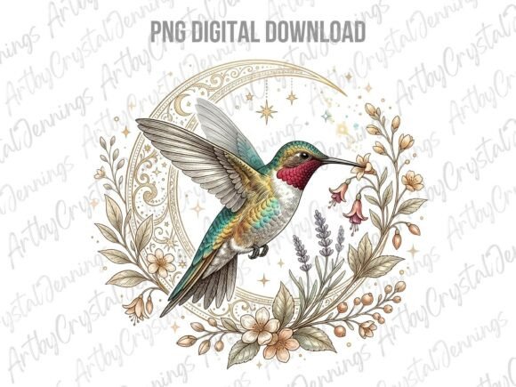 Celestial Hummingbird Floral Moon PNG Grafika Ilustracje do Druku Przez ArtbyCrystalJennings