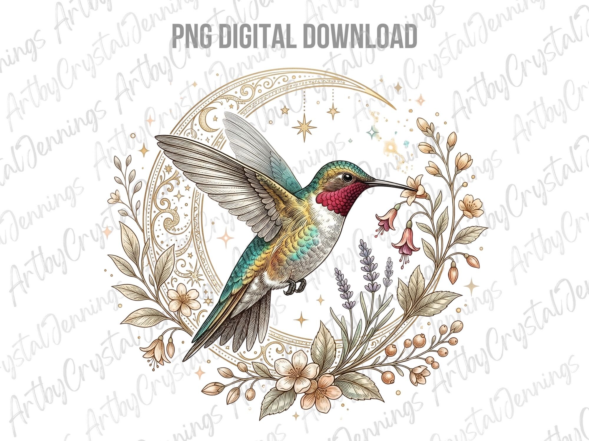 Celestial Hummingbird Floral Moon PNG