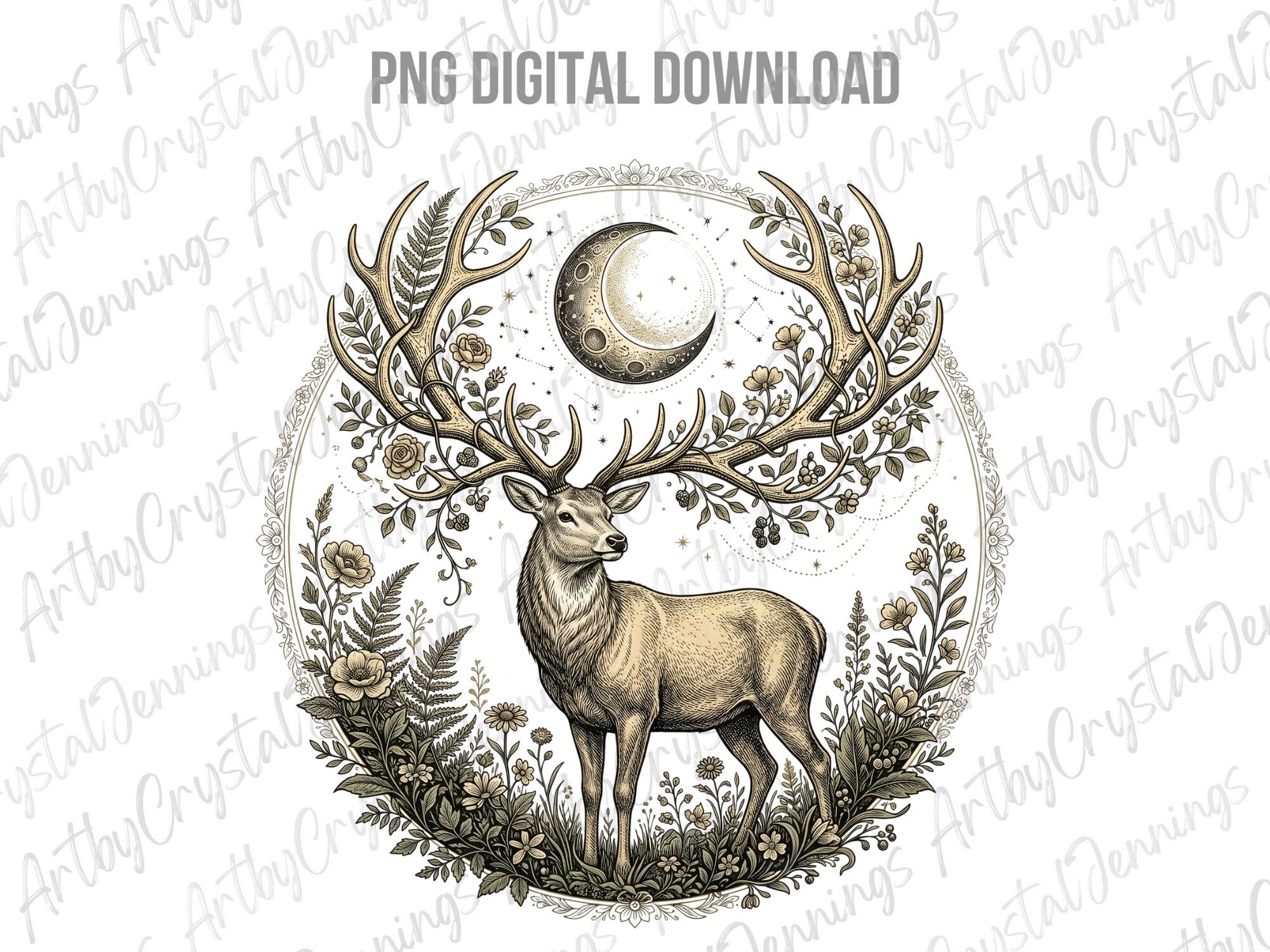 Celestial Mystic Deer Moon Floral PNG