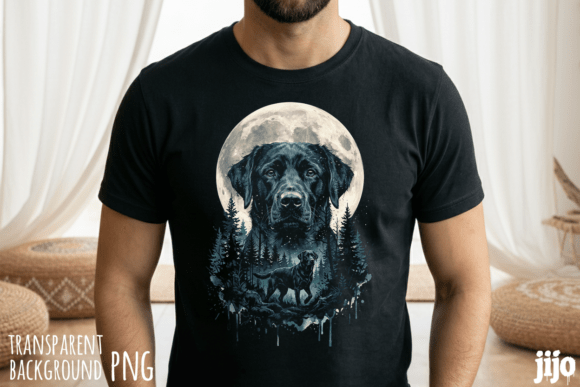 Labrador silhouette under moon and pine forest PNG for outdoor dog dad shirt design