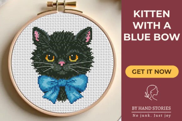 Kitten with a Blue Bow Cross Stitch PDF
