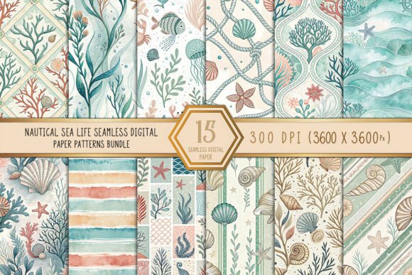 Nautical Sea Life Seamless Digital Paper Graphic Patterns By Craftfiles-SVG
