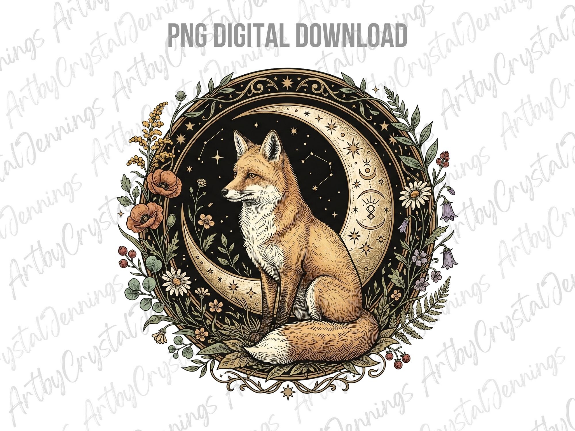Vintage Floral Celestial Fox Moon PNG