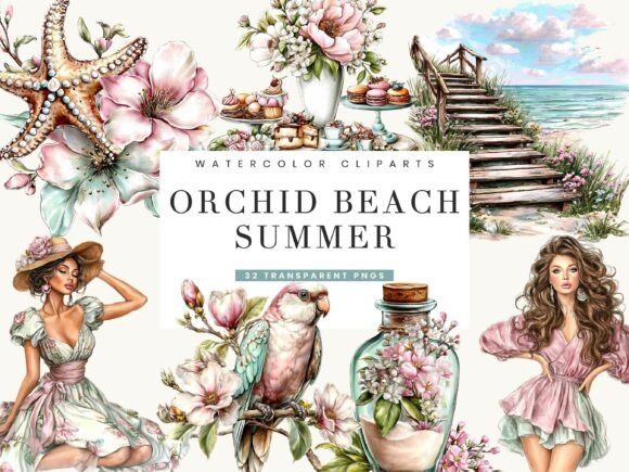 Watercolor Orchid Beach Summer Clipart Gráfico Ilustraciones Imprimibles Por busydaydesign