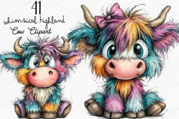 Whimsical Highland Cow Clipart Bundle Grafika Ilustracje do Druku Przez Lazy Panda