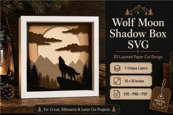 Wolf Moon Shadow Box Svg 3d Layered Cajas de Sombra Manualidades SVG 3D Por Cute Things