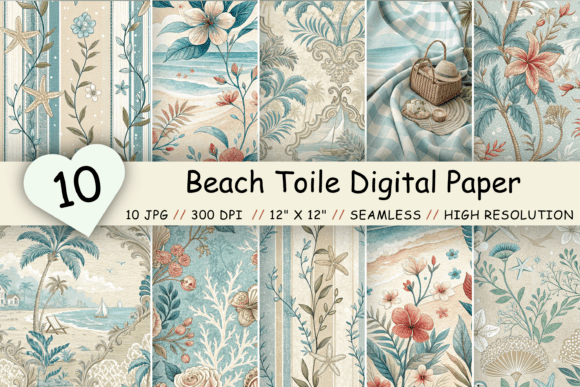 Beach Toile Digital Paper Pack, Vintage Grafik Papier-Muster Von Florid Printables