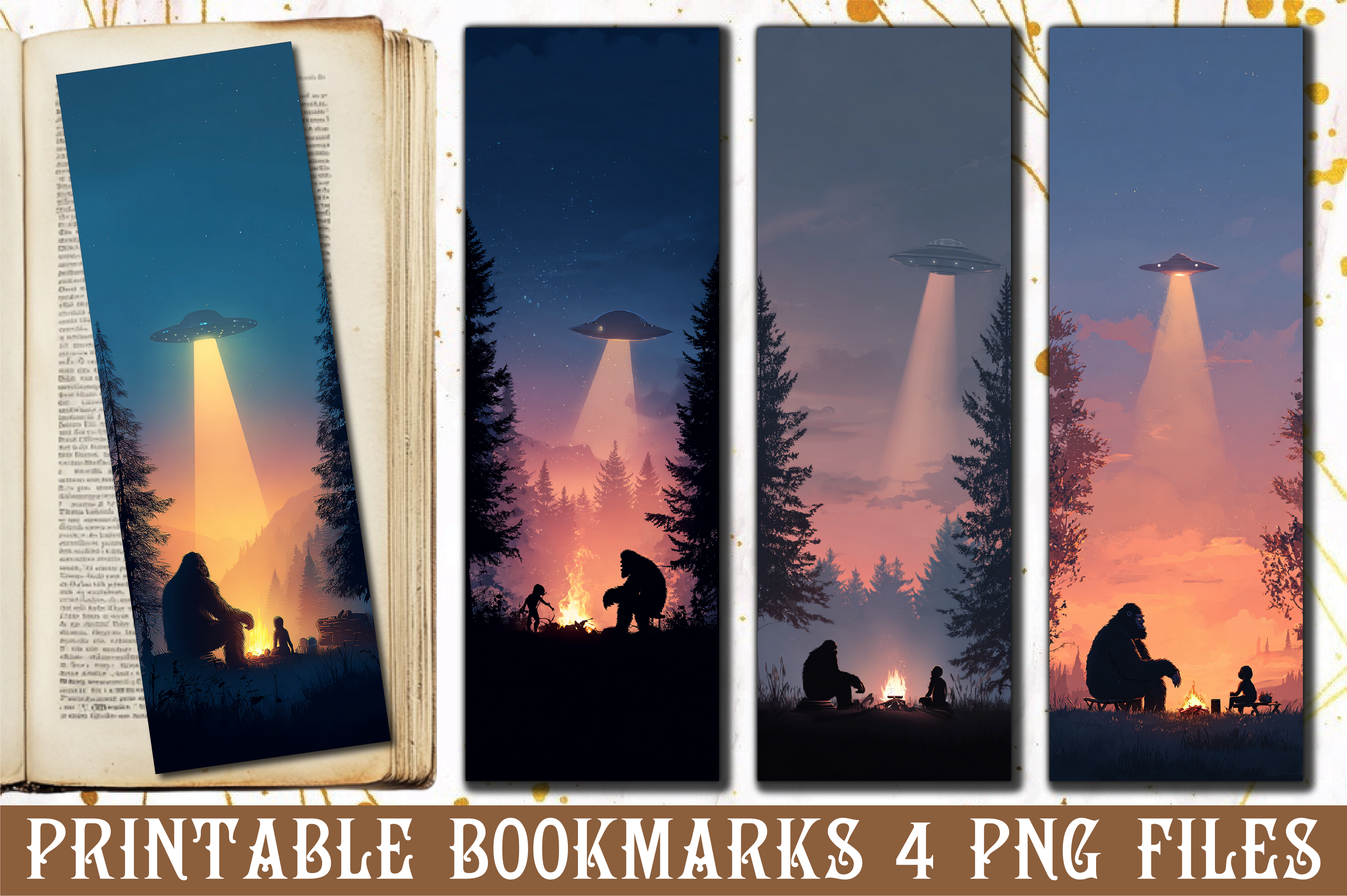Bigfoot Campfire UFO Sunset Bookmark