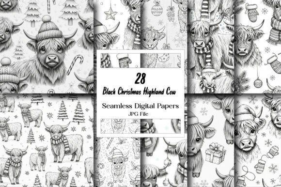 Black Christmas Highland Cow Pattern