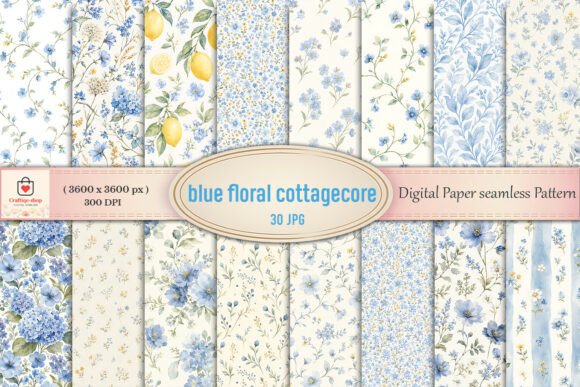 Blue Floral Cottagecore Digital Paper Grafik Papier-Muster Von Craftiqe-shop