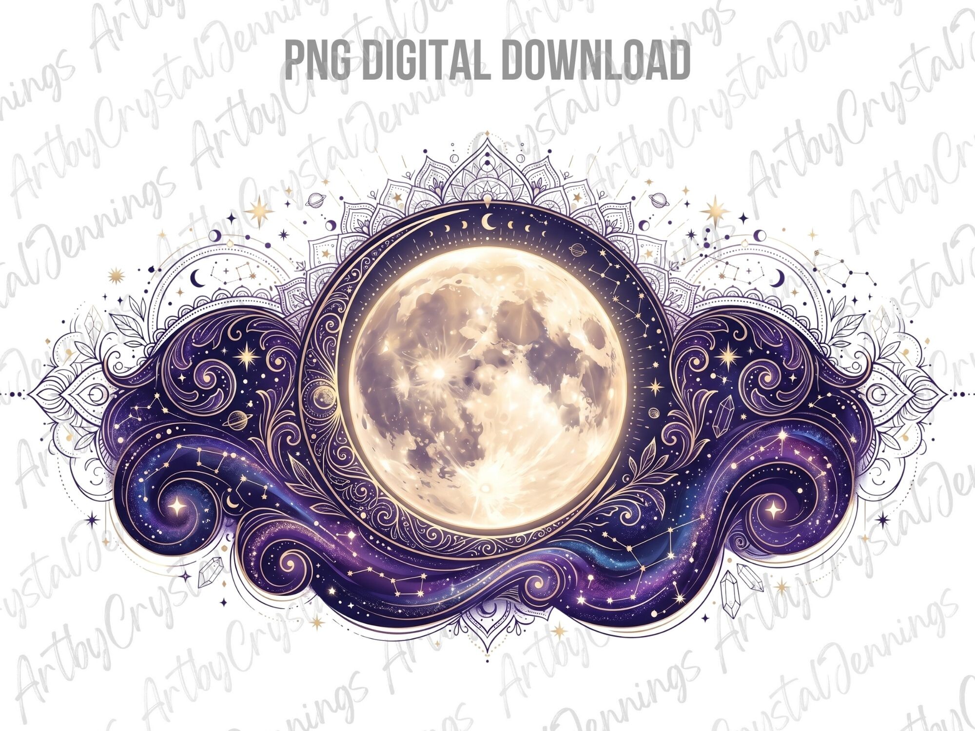 Celestial Full Moon & Galaxy Stars PNG