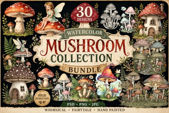 Watercolor Mushroom Bundle 30 PNG PSD Gráfico PNGs transparentes de IA Por TeamlancerBD