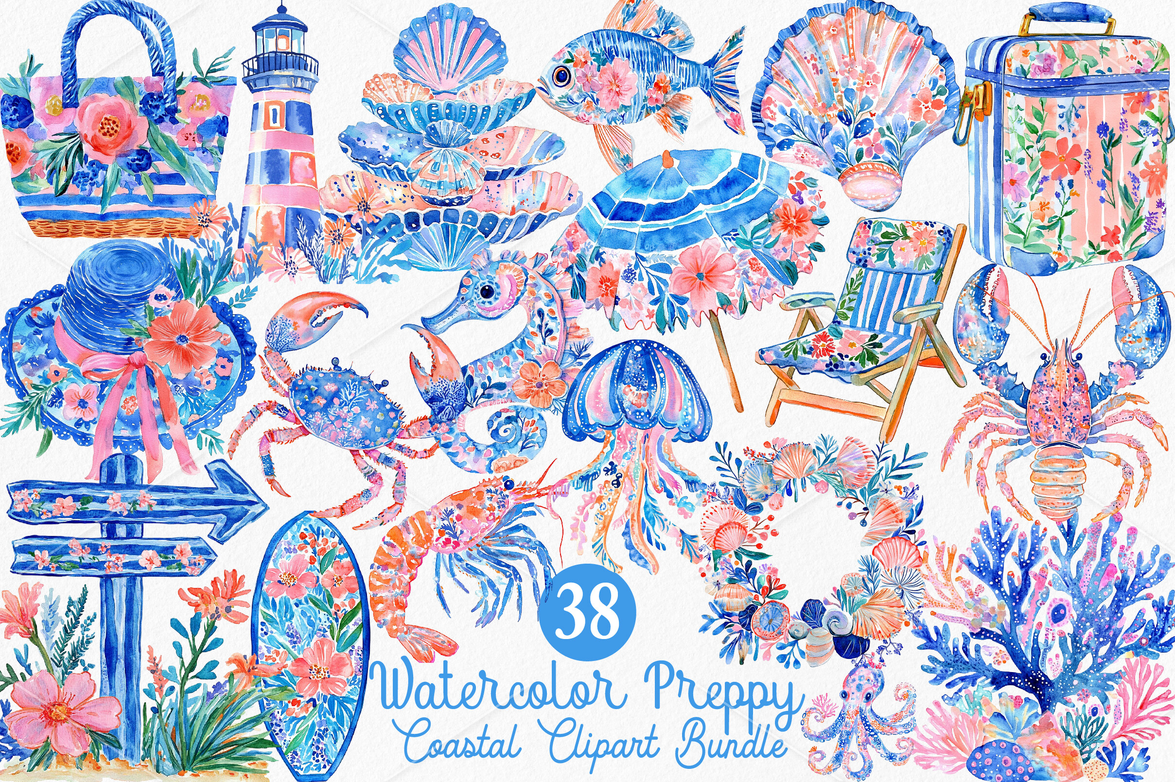 Watercolor Preppy Coastal Clipart Bundle Graphic by Lazy Panda ...