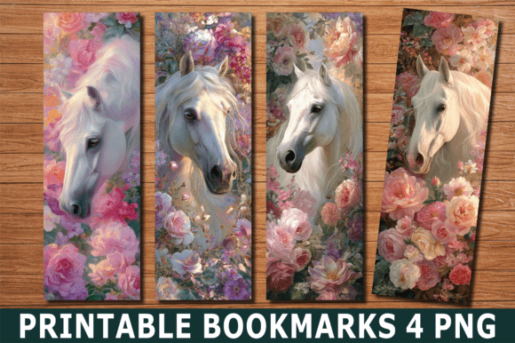 White Horse Pink Rose Floral Bookmark