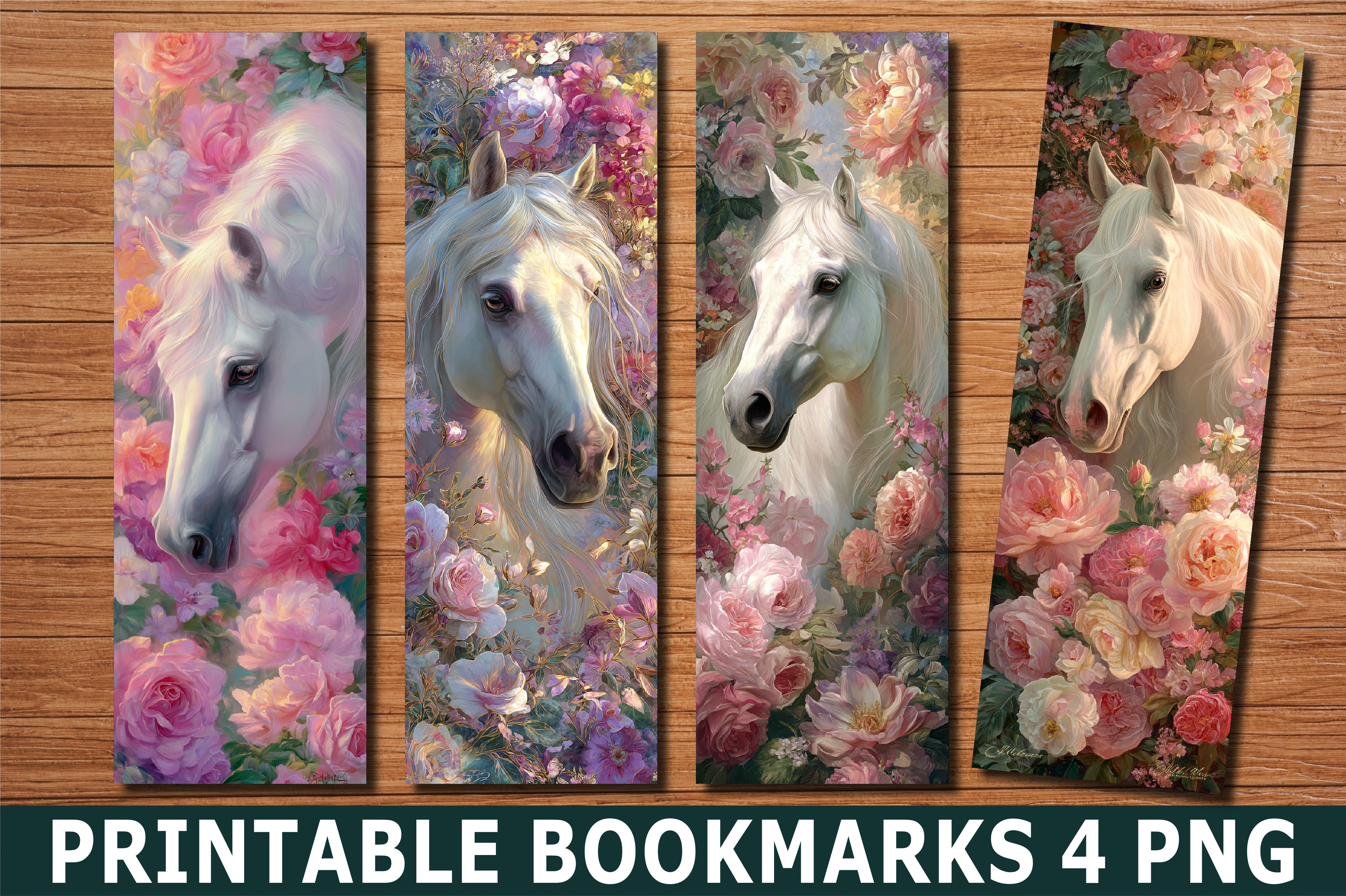 White Horse Pink Rose Floral Bookmark