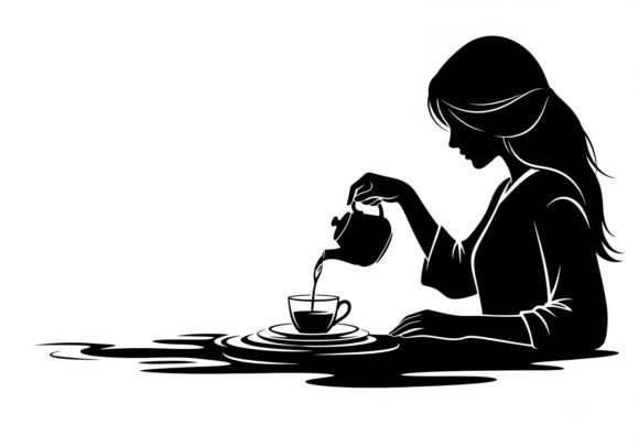 Silhouette Woman Pouring Tea into Cup Afbeelding Afdrukbare Illustraties Door MD ABDUL MOMIN