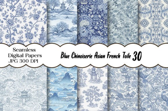 Blue Chinoiserie Asian French Toile Graphic Patterns By Designstock