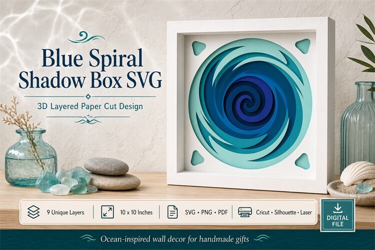 Blue Spiral 3D Shadow Box SVG 9 layer ocean wave abstract wall art Cricut