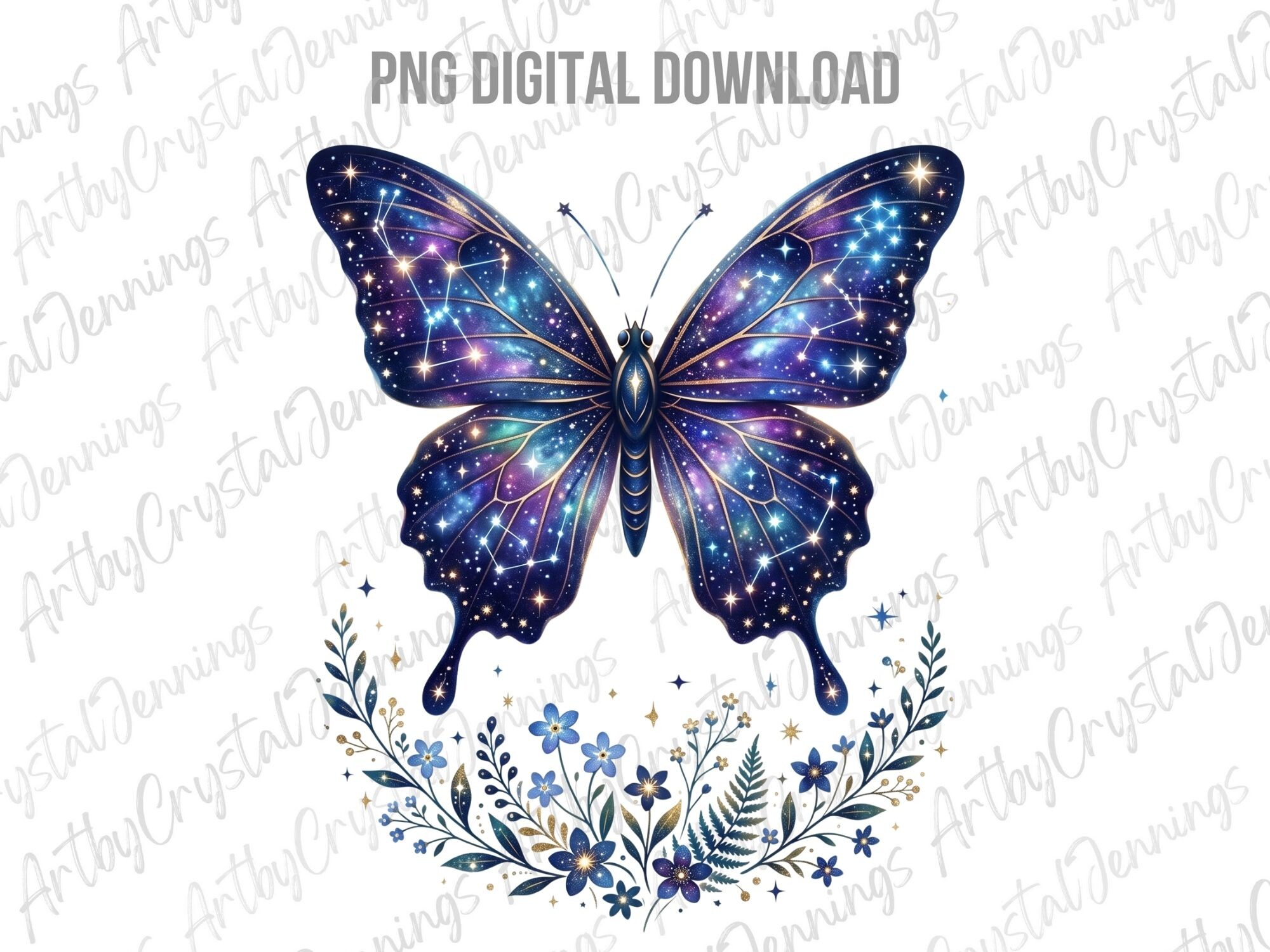 Celestial Galaxy Butterfly Floral PNG